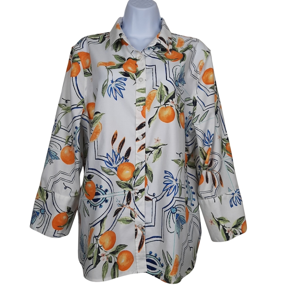 Chico's Cotton Button Front Fruit Theme Shirt Size XL